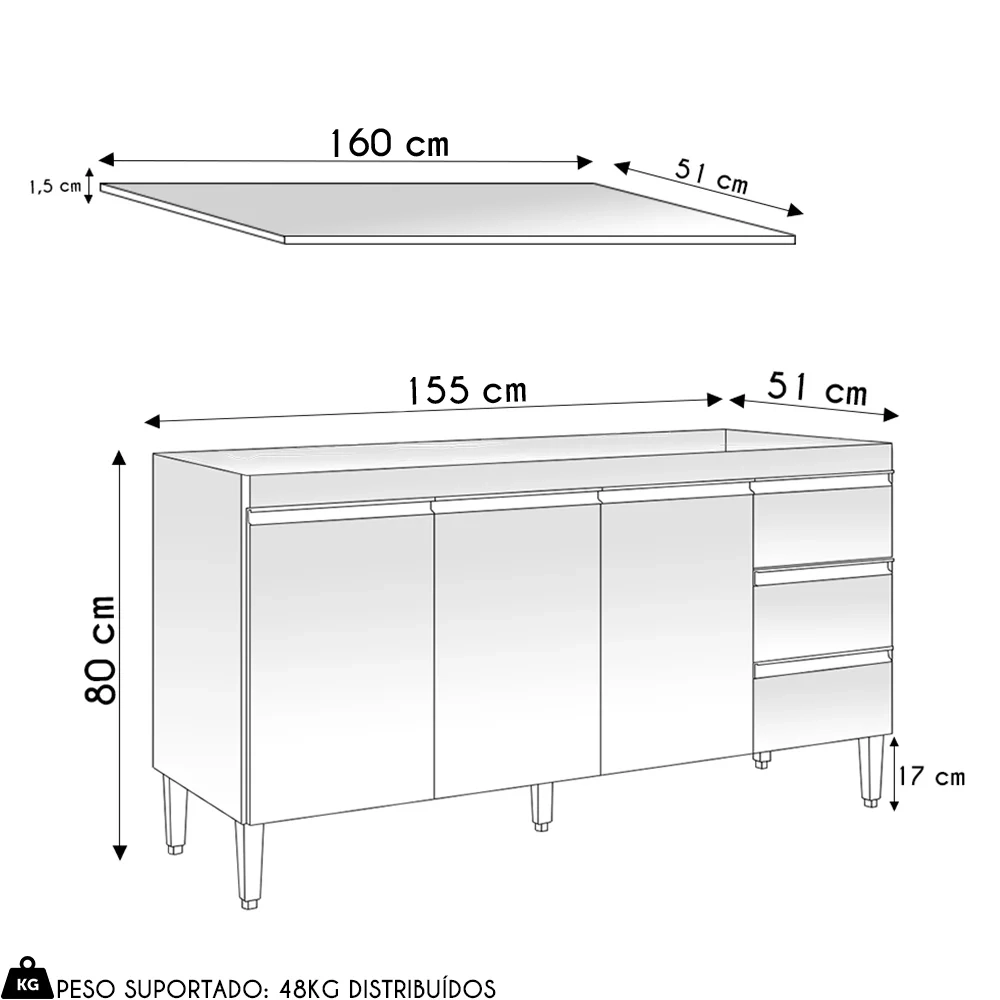 Balcão de Cozinha Com Tampo 160cm 3 Gavetas Andréia Amêndoa/Preto - AJL Móveis
