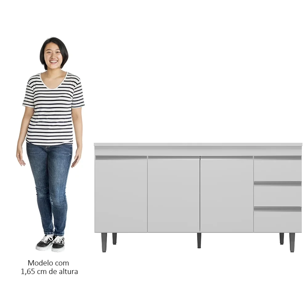 Balcão de Cozinha Com Pia Inox 160cm 3 Gavetas Andréia Branco - AJL Móveis