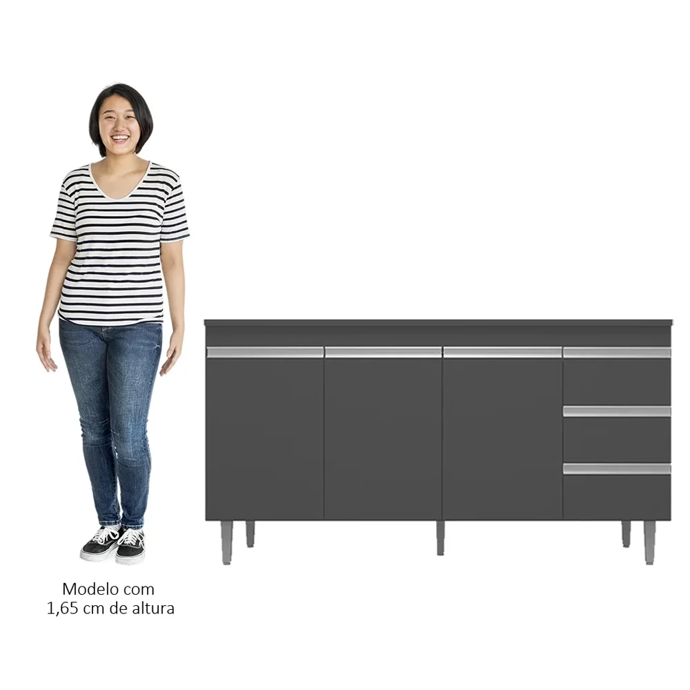 Balcão de Cozinha Com Pia Inox 160cm 3 Gavetas Andréia Cinza - AJL Móveis