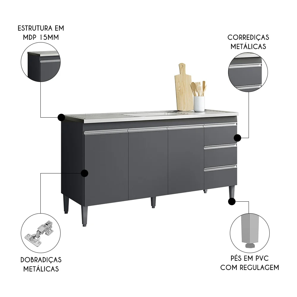 Balcão de Cozinha Com Pia Inox 160cm 3 Gavetas Andréia Cinza - AJL Móveis