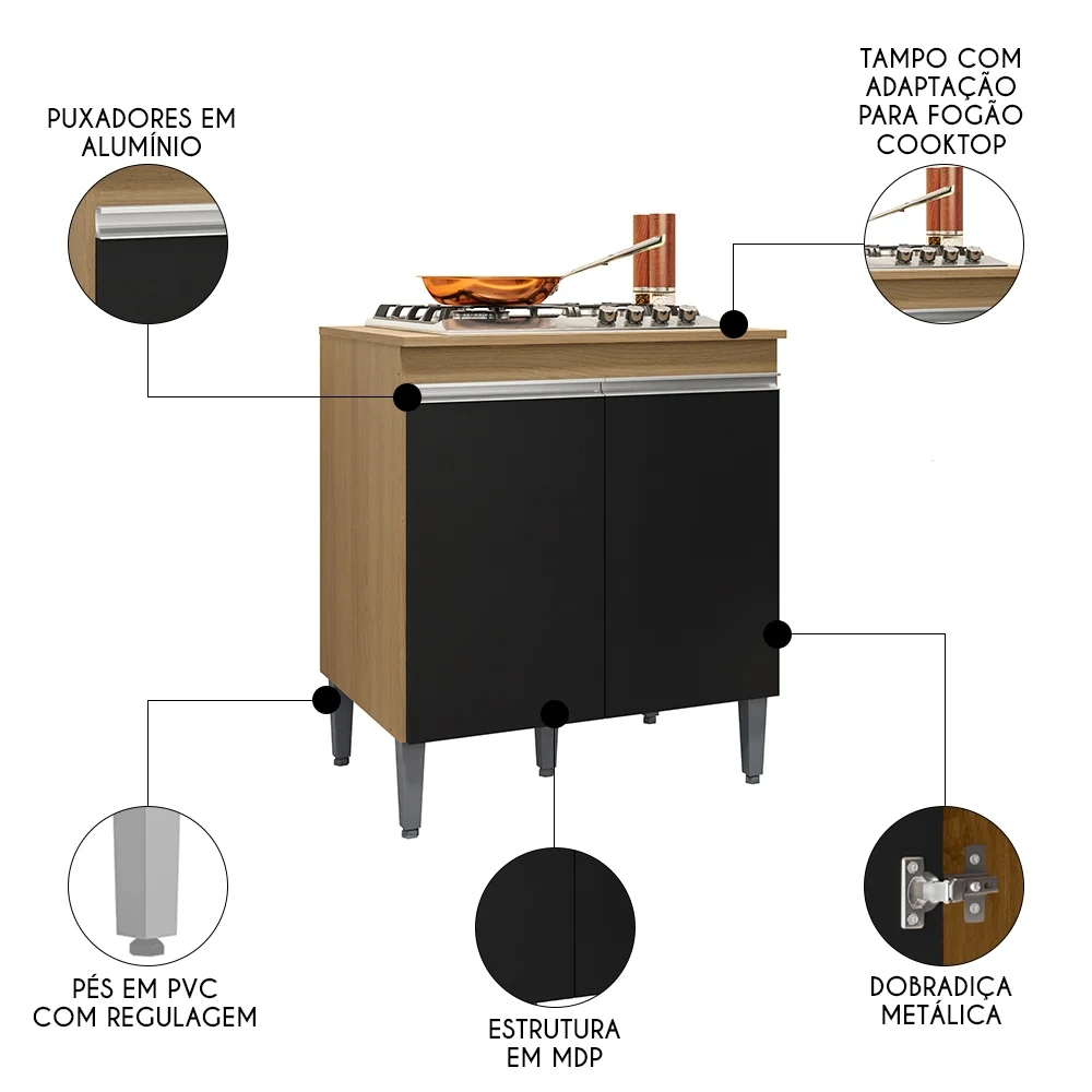 Balcão de Cozinha Para Cooktop Com Tampo Andréia Amêndoa/Preto - AJL Móveis