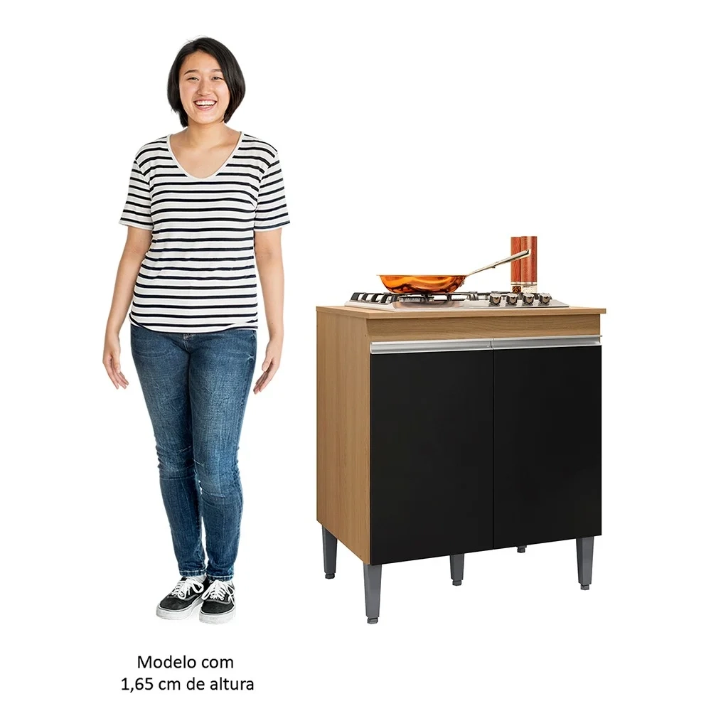 Balcão de Cozinha Para Cooktop Com Tampo Andréia Amêndoa/Preto - AJL Móveis