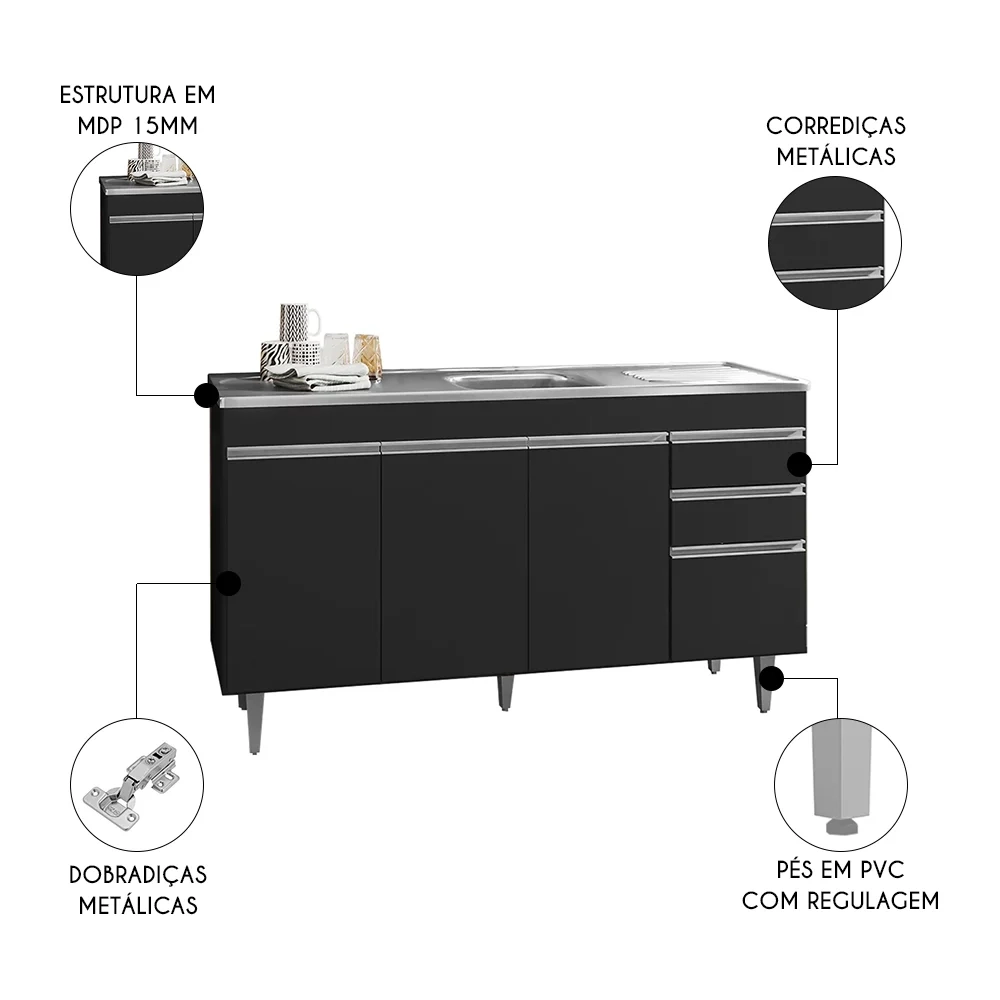 Balcão de Cozinha Com Pia Inox 160cm 3 Gavetas Andréia Preto - AJL Móveis