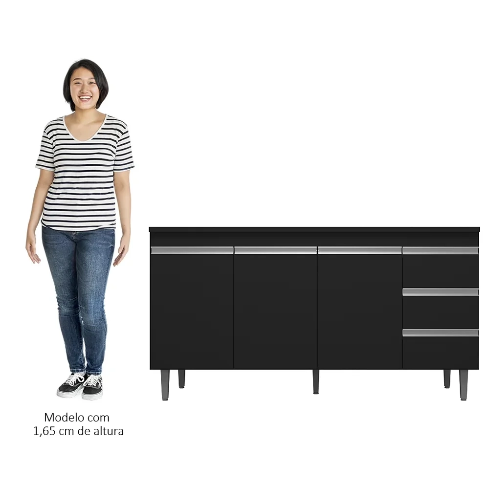 Balcão de Cozinha Com Pia Inox 160cm 3 Gavetas Andréia Preto - AJL Móveis