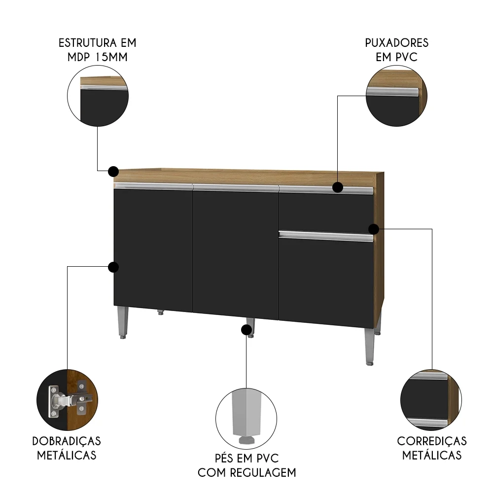 Balcão de Cozinha Para Pia 120cm 1 Gaveta Tatiane Amêndoa/Preto - AJL Móveis