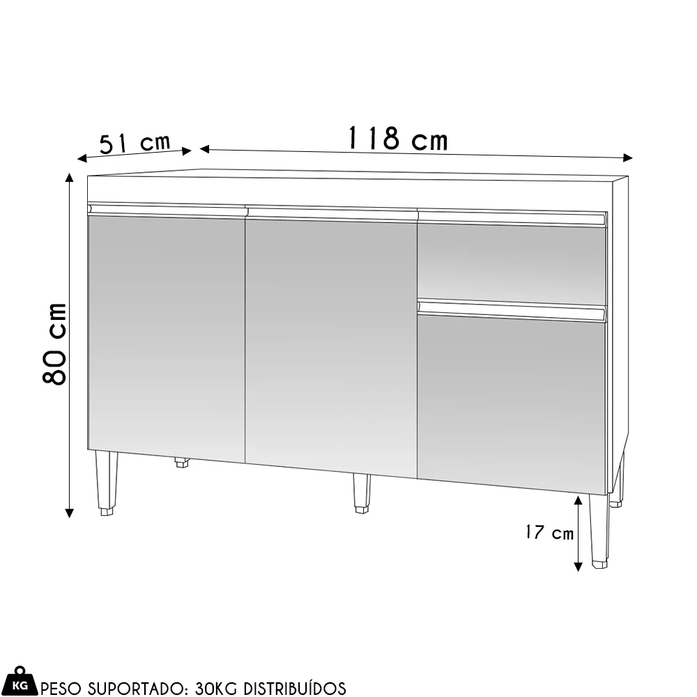 Balcão de Cozinha Para Pia 120cm 1 Gaveta Tatiane Amêndoa/Preto - AJL Móveis