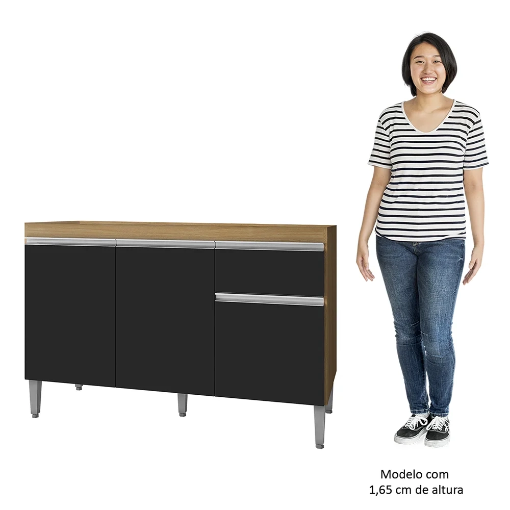 Balcão de Cozinha Para Pia 120cm 1 Gaveta Tatiane Amêndoa/Preto - AJL Móveis