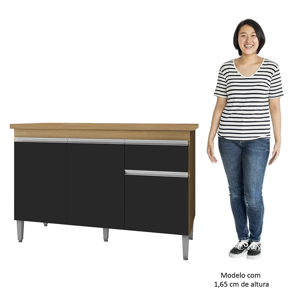 Balcão de Cozinha Com Tampo 120cm 1 Gaveta Tatiane Amêndoa/Preto - AJL Móveis