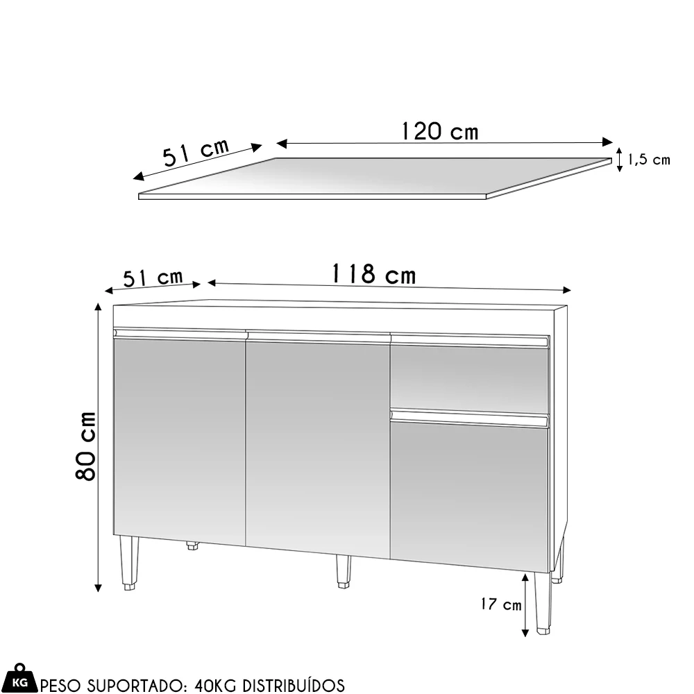 Balcão de Cozinha Com Tampo 120cm 1 Gaveta Tatiane Amêndoa/Preto - AJL Móveis