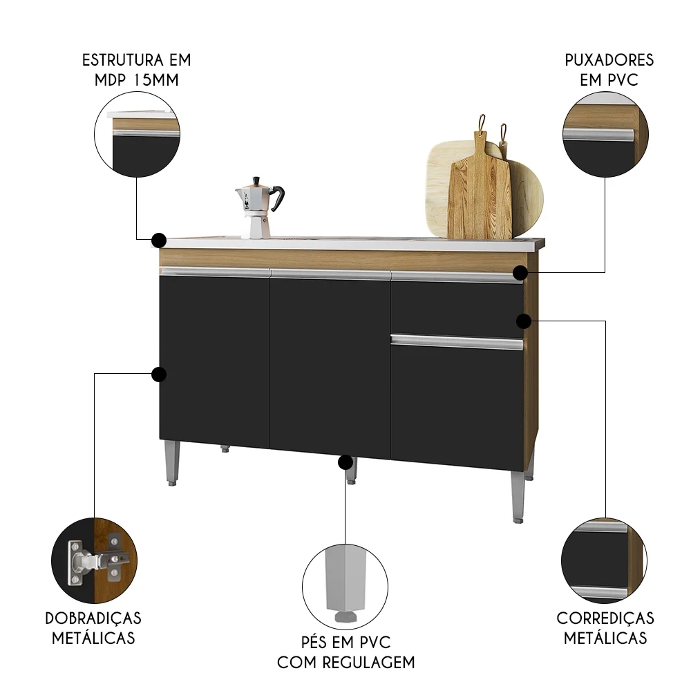 Balcão de Cozinha Com Pia Inox 120cm 1 Gaveta Tatiane Amêndoa/Preto - AJL Móveis