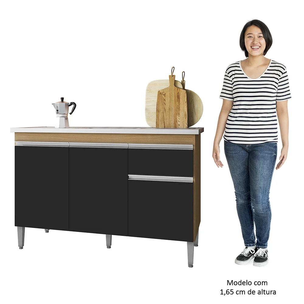 Balcão de Cozinha Com Pia Inox 120cm 1 Gaveta Tatiane Amêndoa/Preto - AJL Móveis