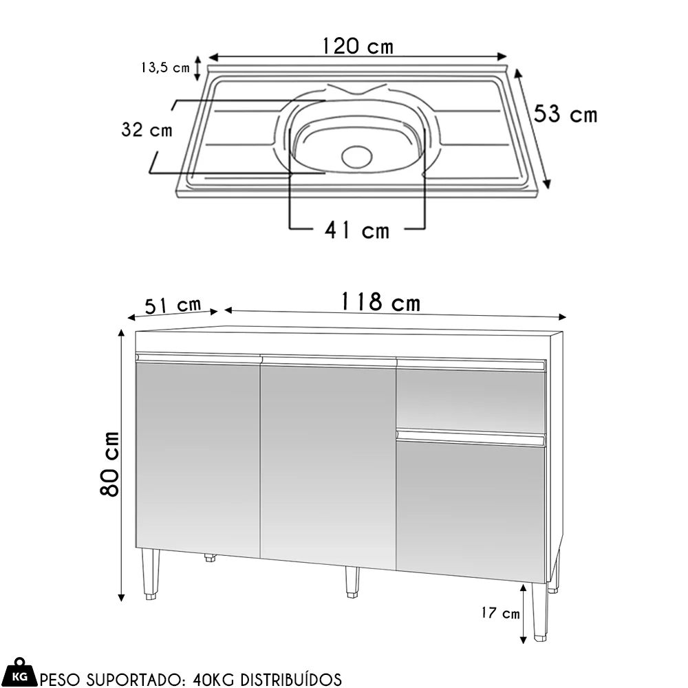 Balcão de Cozinha Com Pia Inox 120cm 1 Gaveta Tatiane Amêndoa/Preto - AJL Móveis