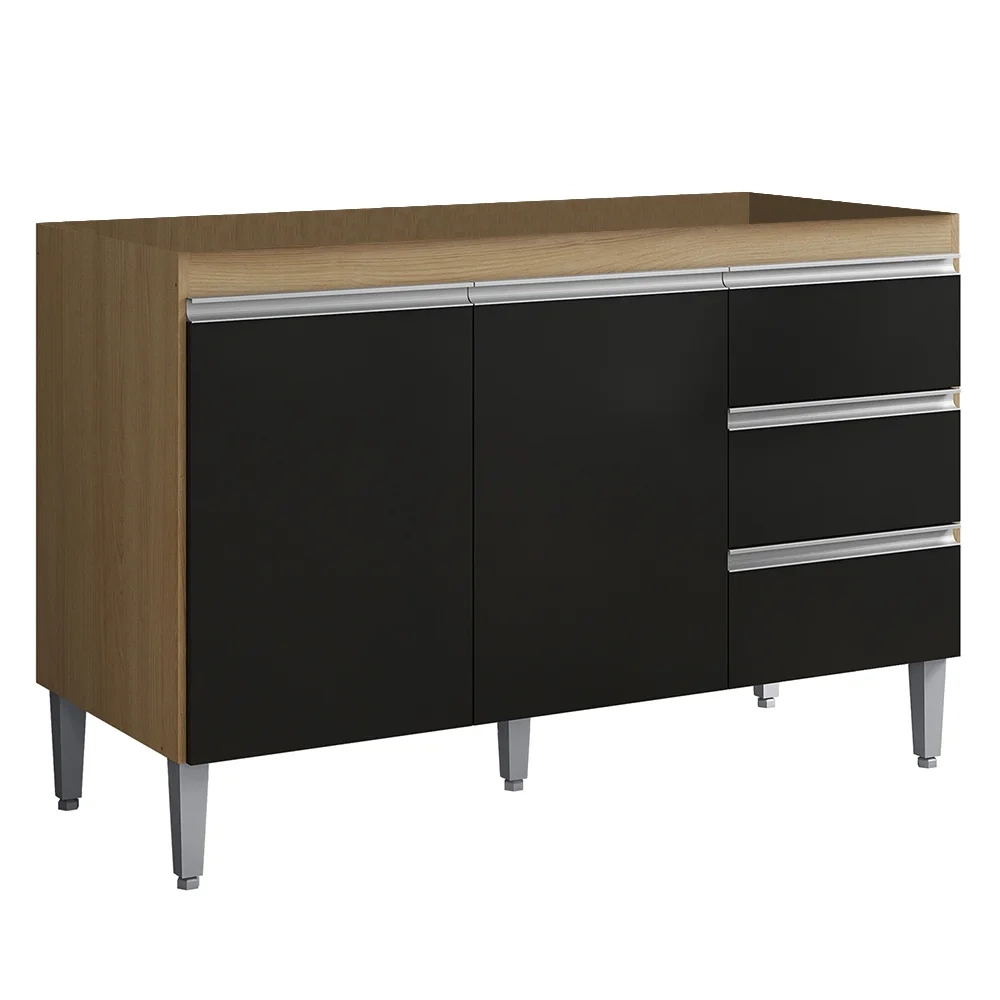 Cozinha Modulada 4 Peças Balcão sem Tampo 120cm Andréia Amêndoa/Preto - AJL Móveis