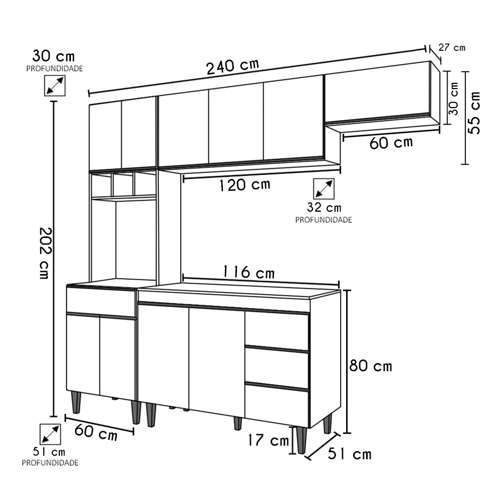 Cozinha Modulada 4 Peças Balcão sem Tampo 120cm Andréia Amêndoa/Preto - AJL Móveis