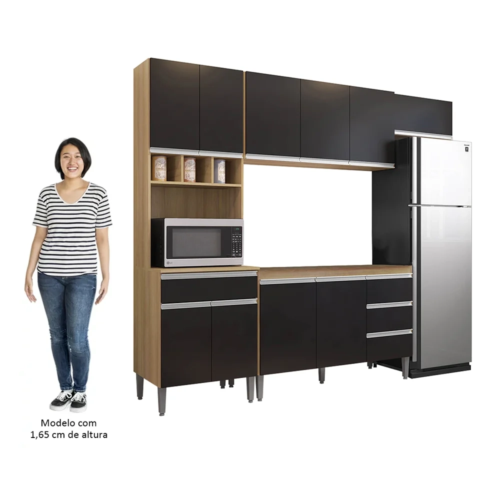 Cozinha Modulada 4 Peças Balcão sem Tampo 120cm Andréia Amêndoa/Preto - AJL Móveis