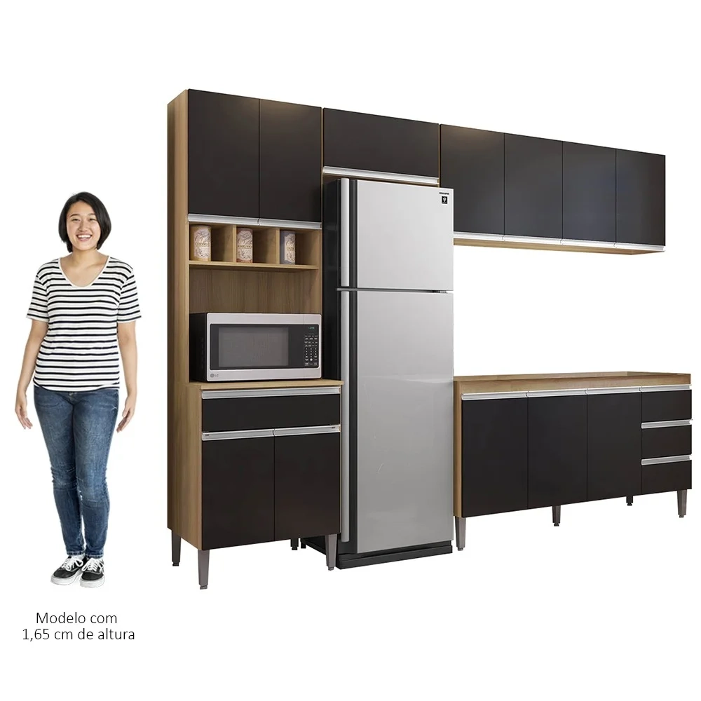 Cozinha Modulada 4 Peças Balcão sem Tampo 160cm Andréia Amêndoa/Preto - AJL Móveis