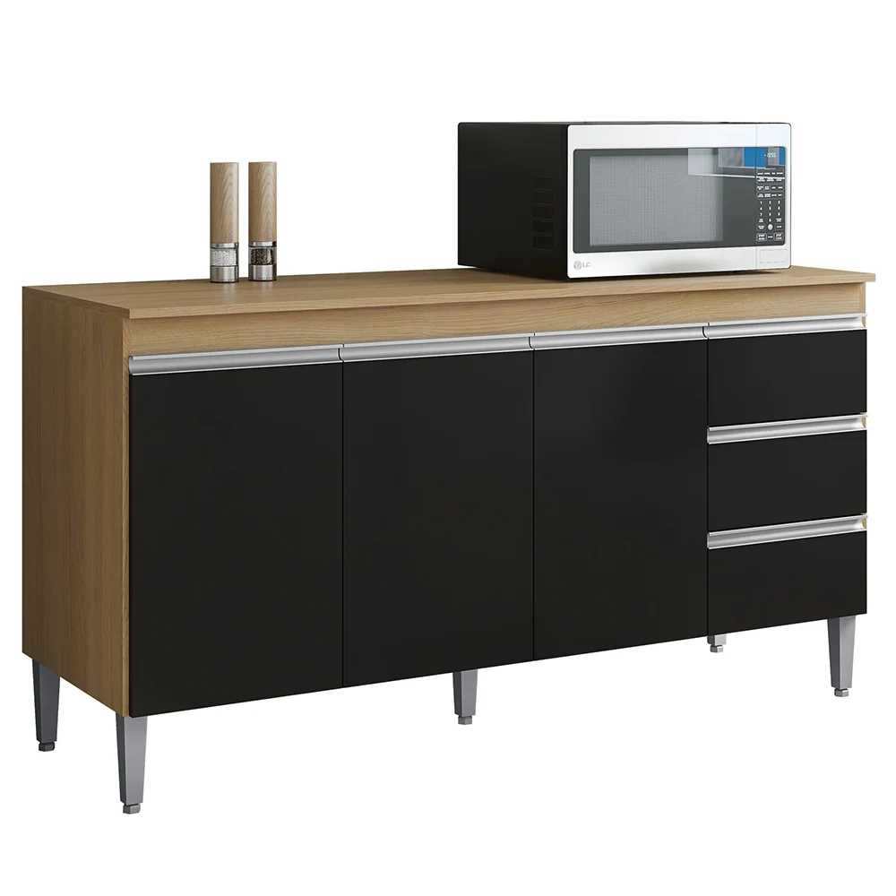 Cozinha Modulada 4 Peças Balcão com Tampo 160cm Andréia Amêndoa/Preto - AJL Móveis