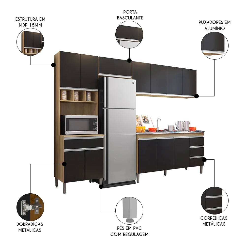 Cozinha Modulada 4 Peças Balcão com Pia 160cm Andréia Amêndoa/Preto - AJL Móveis