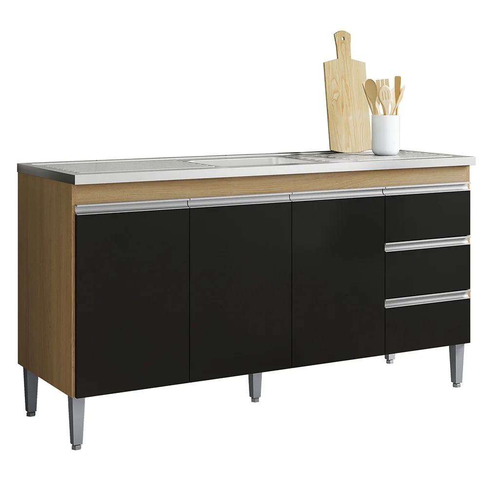 Cozinha Modulada 4 Peças Balcão com Pia 160cm Andréia Amêndoa/Preto - AJL Móveis