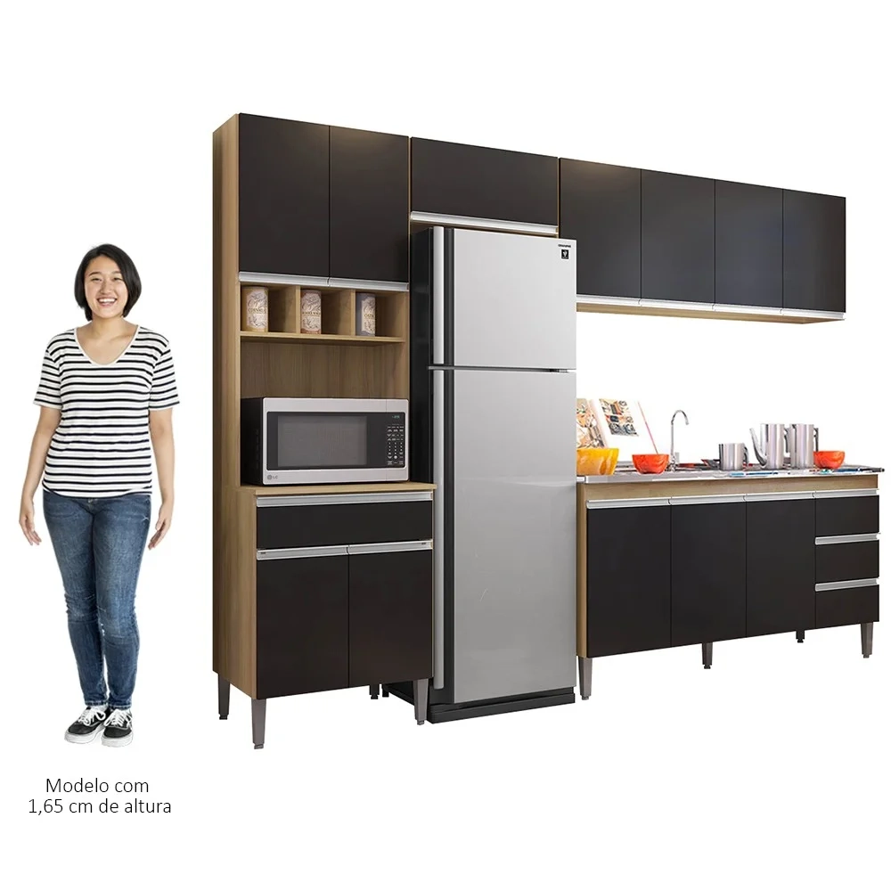Cozinha Modulada 4 Peças Balcão com Pia 160cm Andréia Amêndoa/Preto - AJL Móveis
