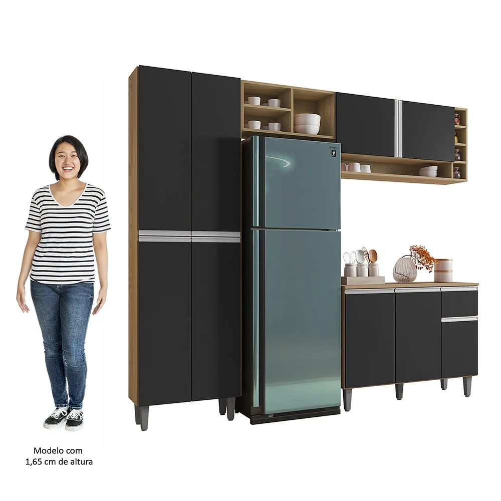Cozinha Modulada 230cm 4 Peças Balcão e Aéreo Vanessa Amêndoa/Preto - AJL Móveis
