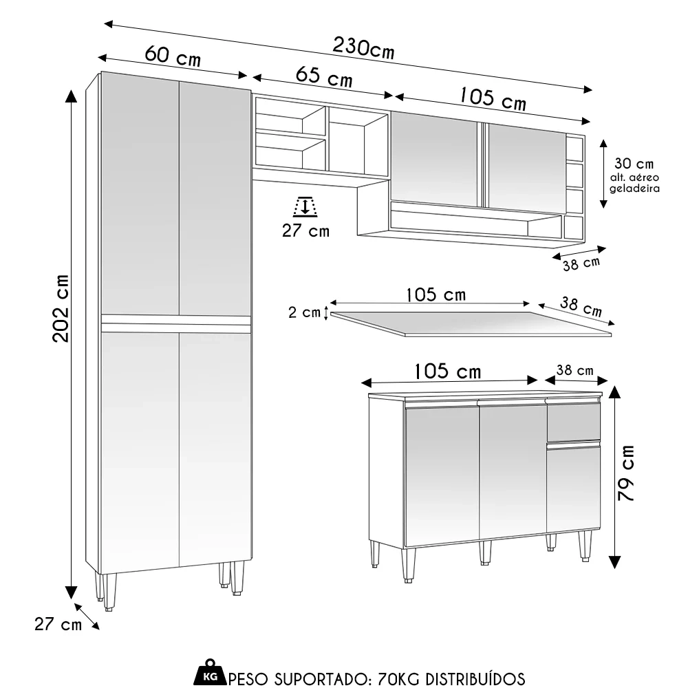 Cozinha Modulada 230cm 4 Peças Balcão e Aéreo Vanessa Amêndoa/Preto - AJL Móveis