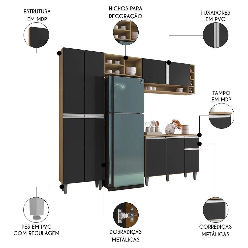 Cozinha Modulada 230cm 4 Peças Balcão e Aéreo Vanessa Amêndoa/Preto - AJL Móveis