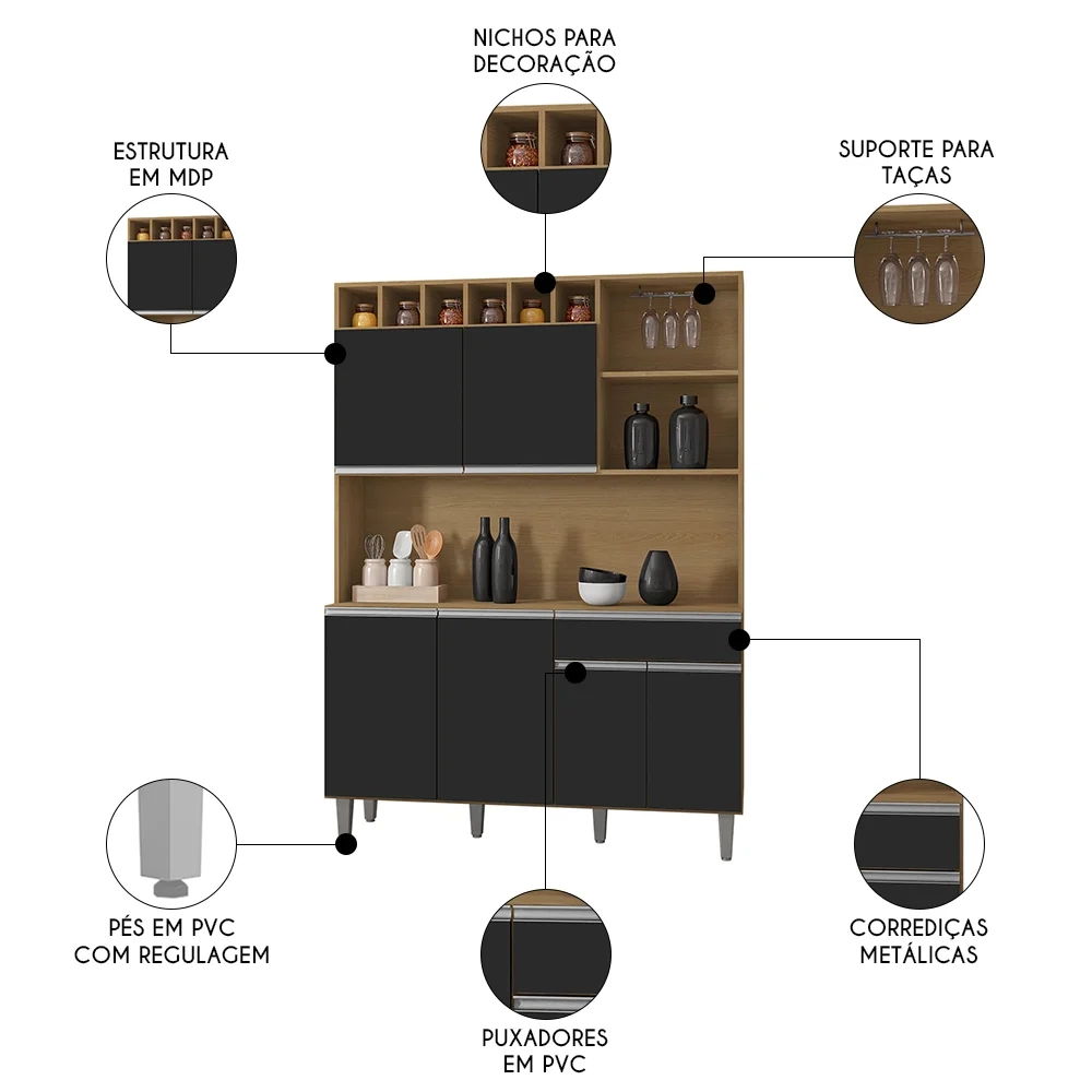 Cozinha Compacta 130cm Com 6 Portas 1 Gaveta Alice Preto/Amêndoa - AJL Móveis