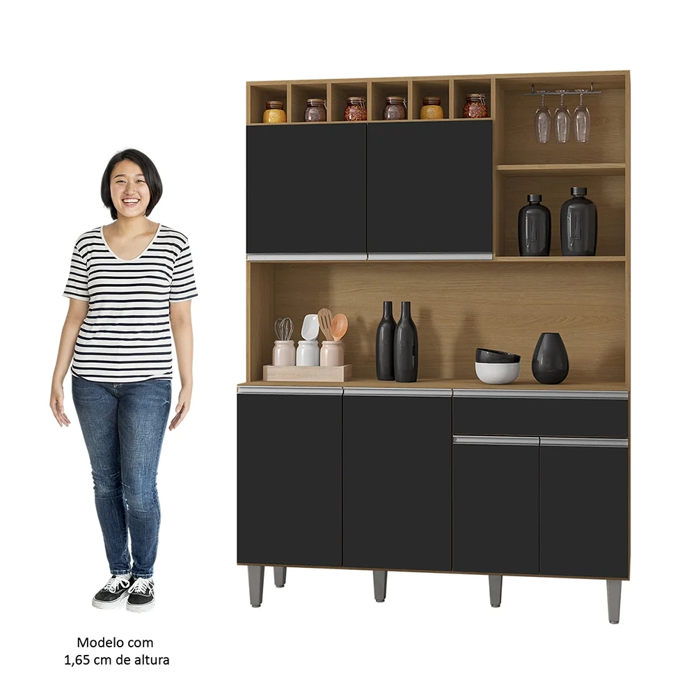 Cozinha Compacta 130cm Com 6 Portas 1 Gaveta Alice Preto/Amêndoa - AJL Móveis