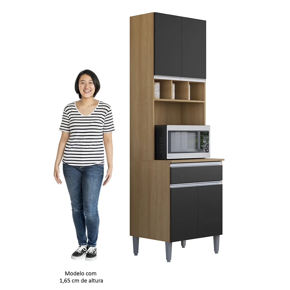 Paneleiro Torre Quente 4 Portas Com Adega Andréia Preto/Amêndoa - AJL Móveis