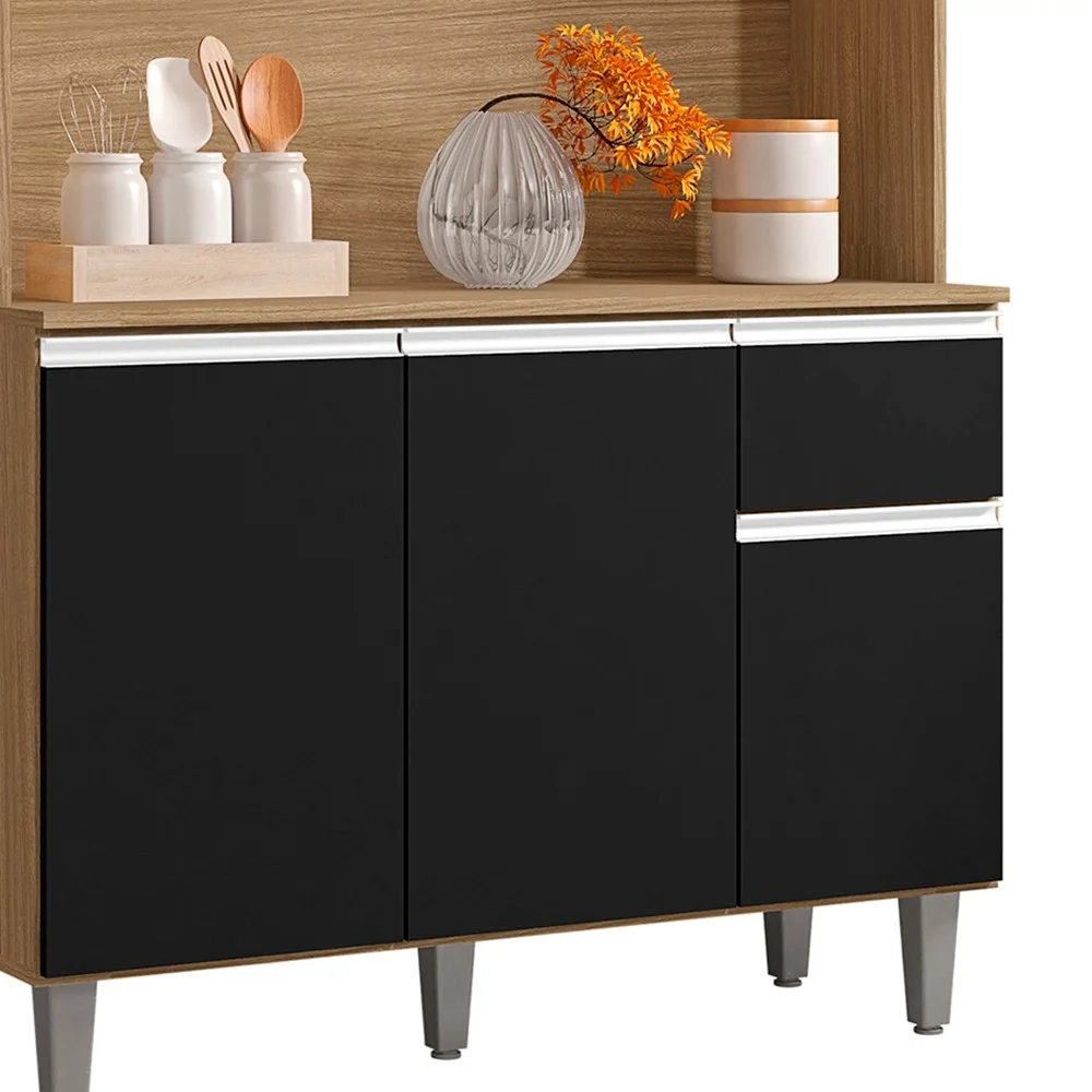 Cozinha Compacta 105cm Com 6 Portas 1 Gaveta Márcia Preto/Amêndoa - AJL Móveis