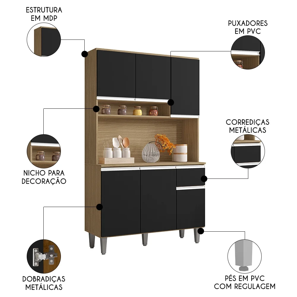Cozinha Compacta 105cm Com 6 Portas 1 Gaveta Márcia Preto/Amêndoa - AJL Móveis