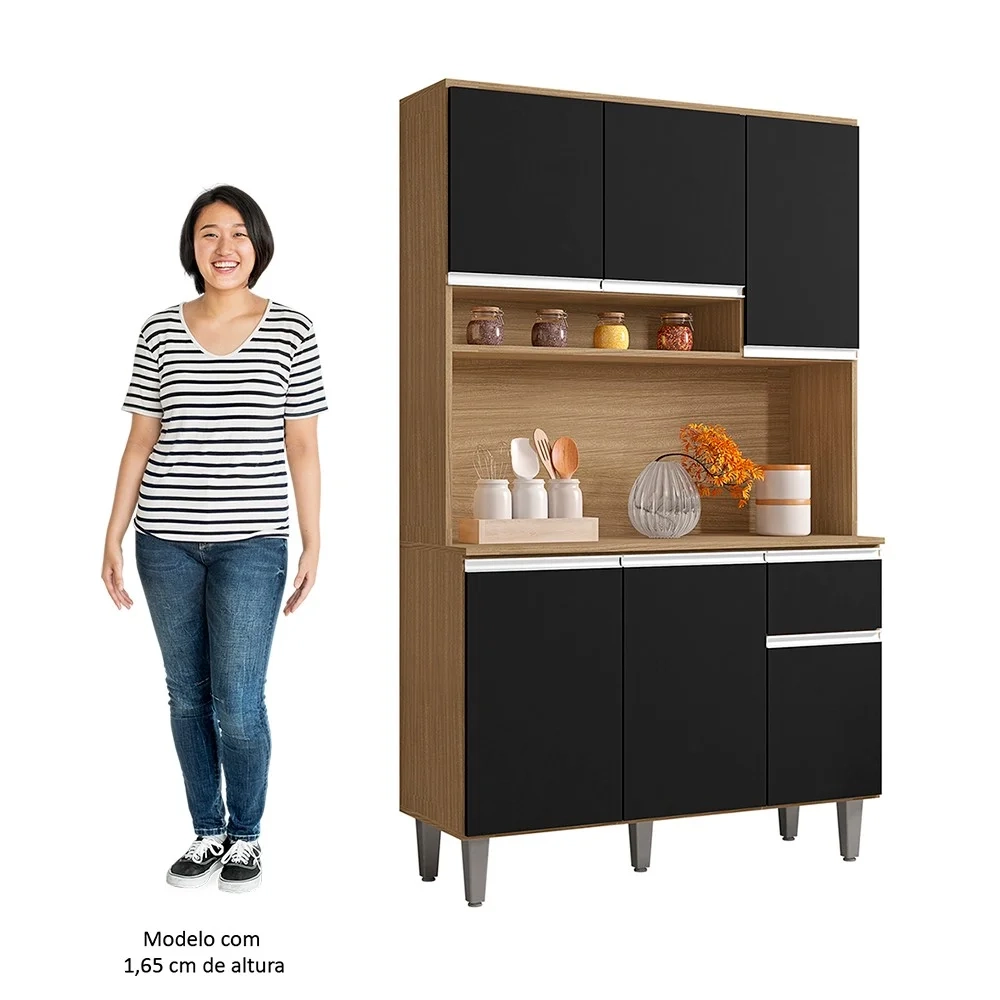 Cozinha Compacta 105cm Com 6 Portas 1 Gaveta Márcia Preto/Amêndoa - AJL Móveis