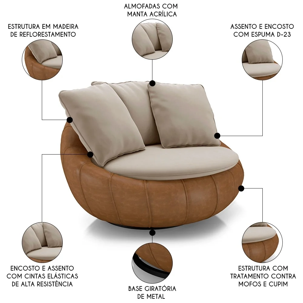 Poltrona para Sala Giratória Redonda Saphire Z32 Veludo Bege/Caramelo - Mpozenato
