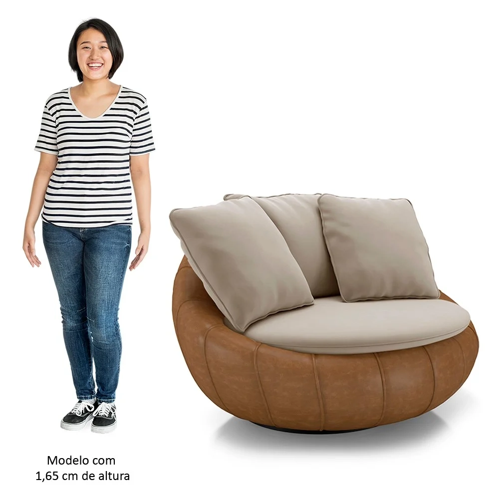 Poltrona para Sala Giratória Redonda Saphire Z32 Veludo Bege/Caramelo - Mpozenato