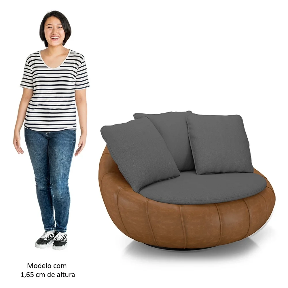 Poltrona para Sala Giratória Redonda Saphire Z32 Linho Grafite/Caramelo - Mpozenato