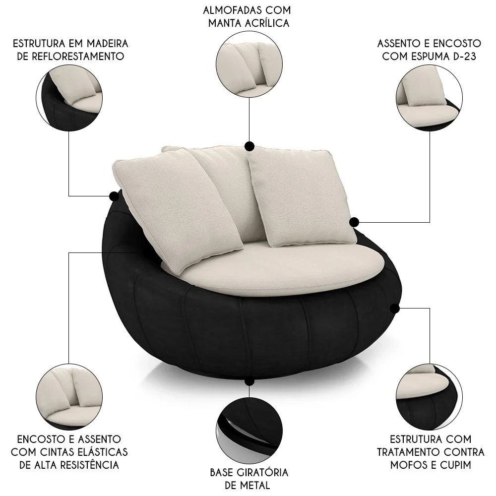 Poltrona para Sala Giratória Redonda Saphire Z32 Linho Bege/Preto - Mpozenato