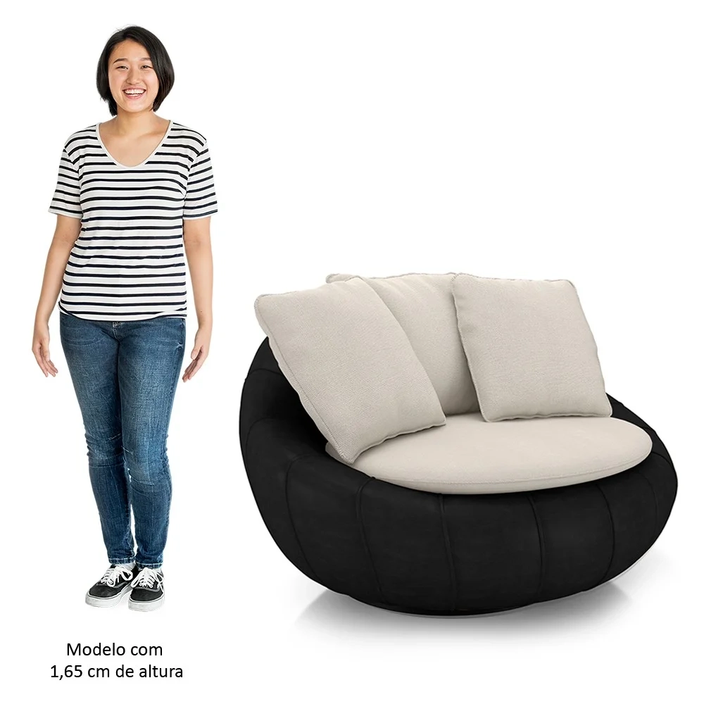 Poltrona para Sala Giratória Redonda Saphire Z32 Linho Bege/Preto - Mpozenato