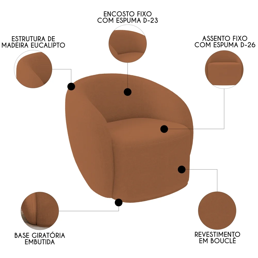 Poltrona para Sala de Estar Giratória Orgânica Garbin Z08 Boucle Terracota - Mpozenato