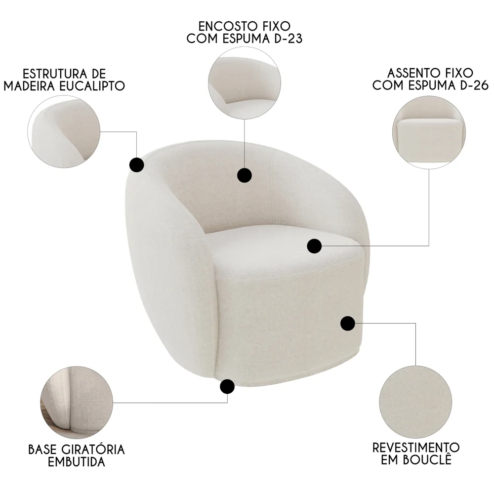 Poltrona para Sala de Estar Giratória Orgânica Garbin Z08 Boucle Bege - Mpozenato