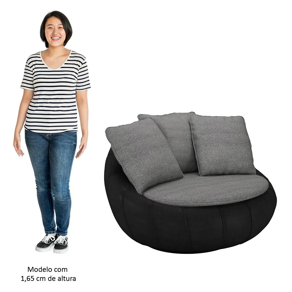 Poltrona para Sala Giratória Redonda Saphire Z32 Linho Cinza/Preto - Mpozenato
