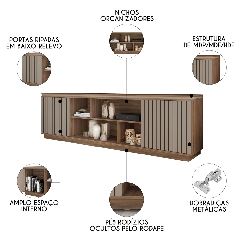 Rack Para Sala Bancada de TV 75 Pol 180cm Simetria Nogueira/Fendi - Caemmun
