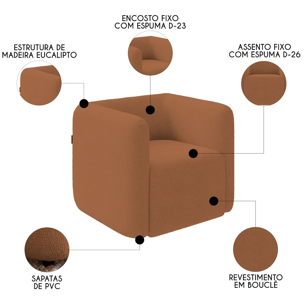 Poltrona para Sala de Estar Decorativa Quadrada Maggie Z08 Boucle Terracota - Mpozenato