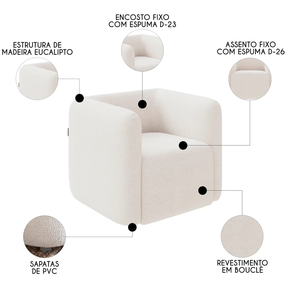 Poltrona para Sala de Estar Decorativa Quadrada Maggie Z08 Boucle Bege - Mpozenato