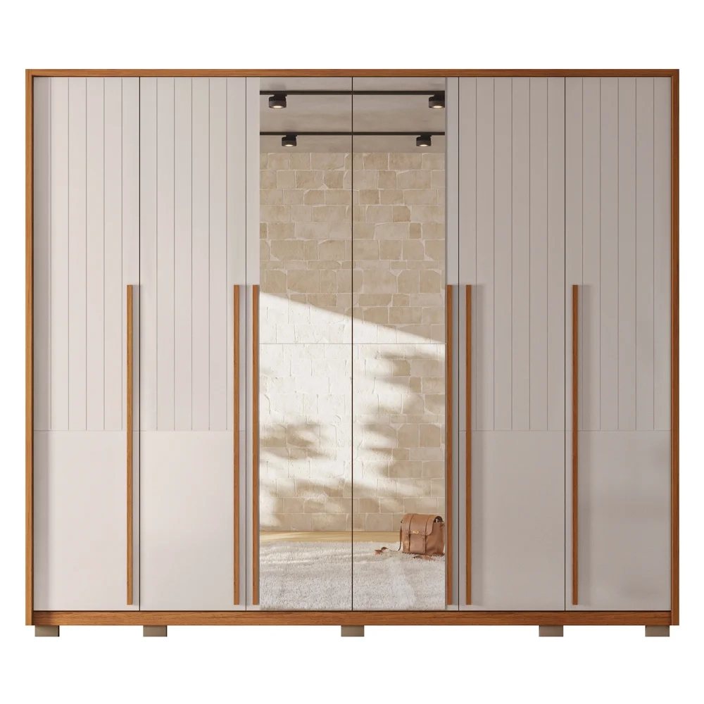 Guarda Roupa Casal 6 Portas com Espelho 265cm Quintus Freijó/Off White - Caemmun