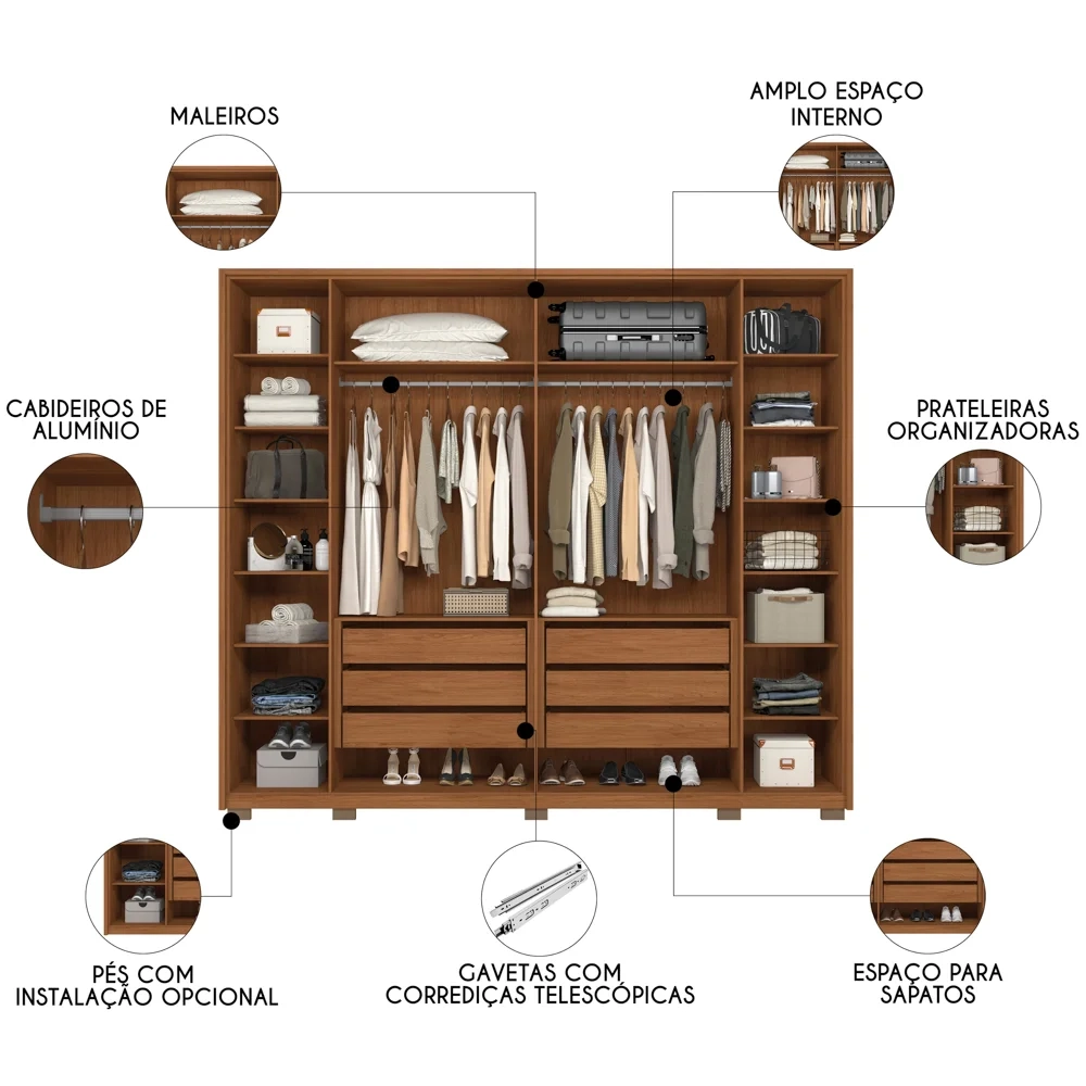 Guarda Roupa Casal 6 Portas com Espelho 265cm Quintus Freijó/Off White - Caemmun