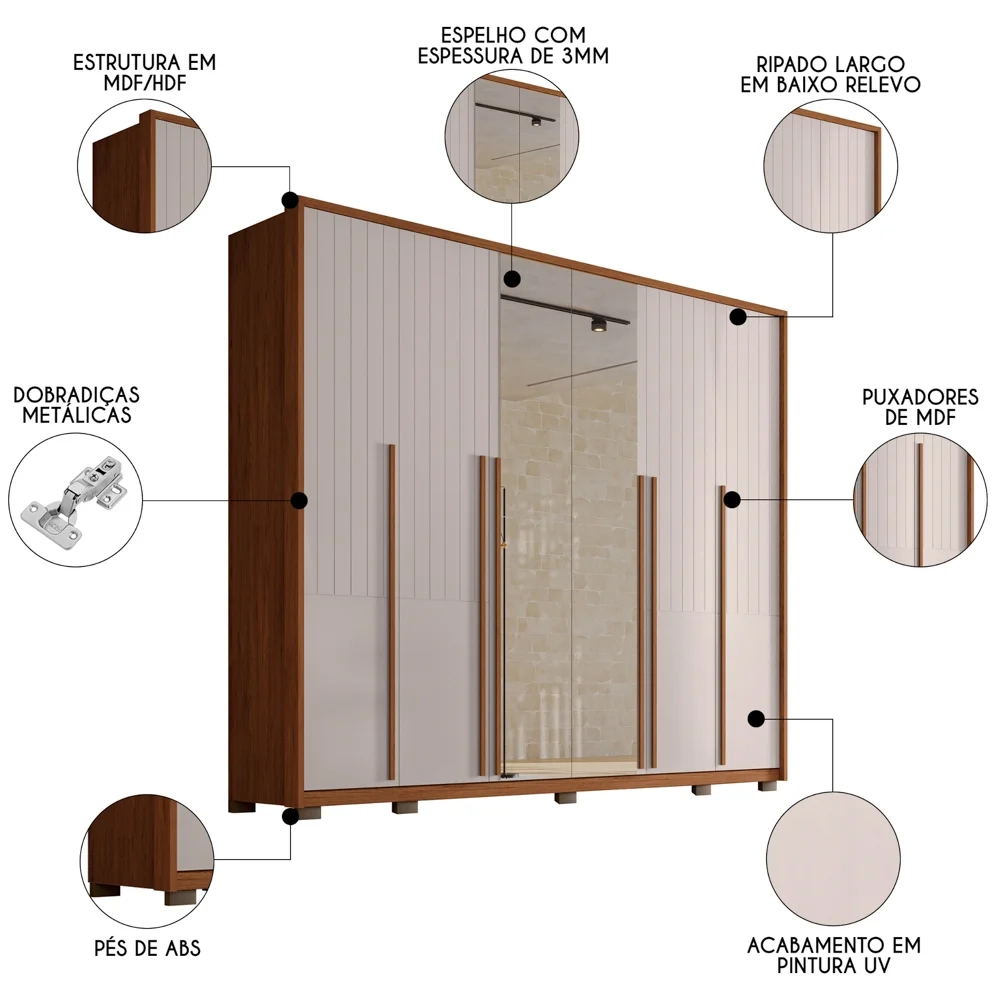Guarda Roupa Casal 6 Portas com Espelho 265cm Quintus Freijó/Off White - Caemmun