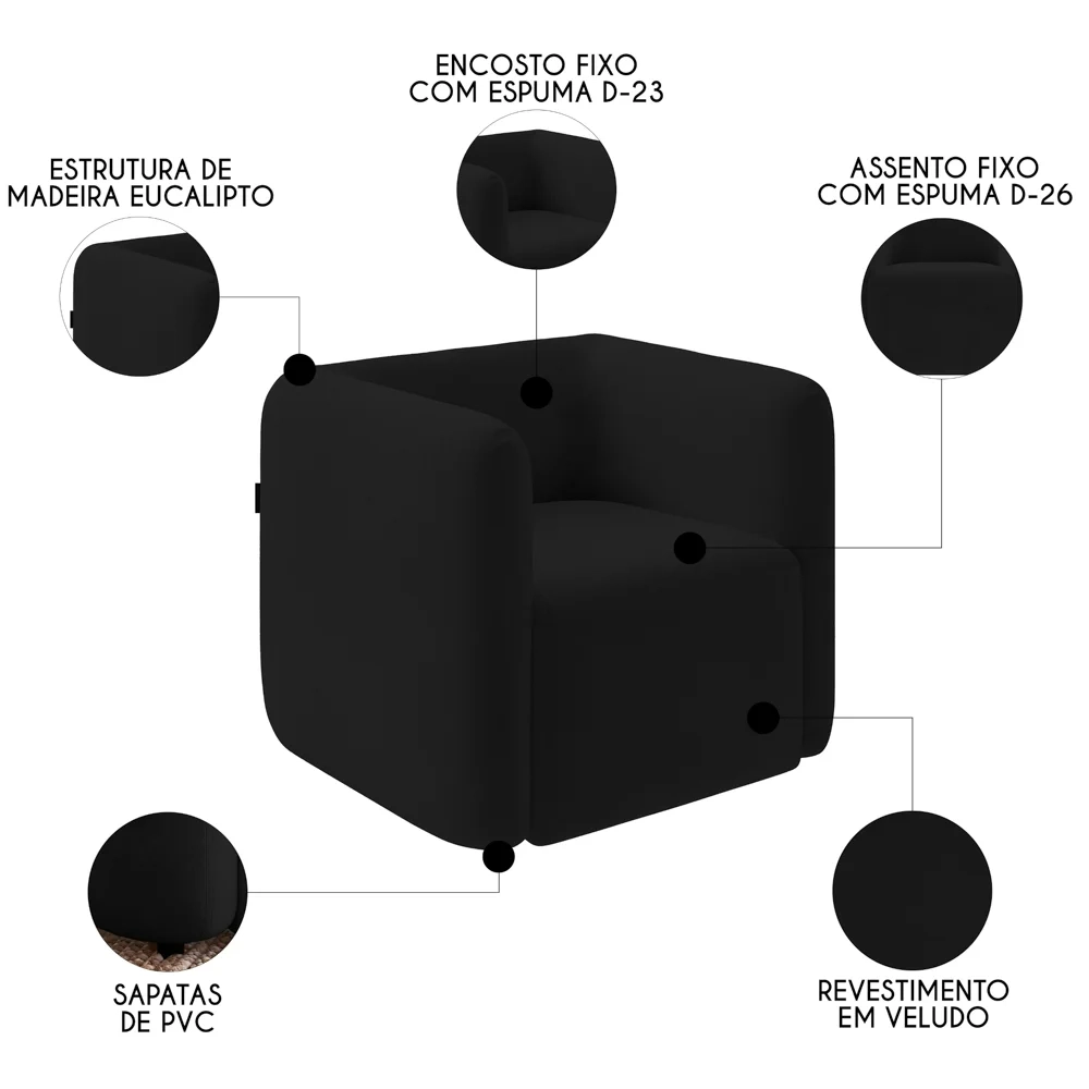 Poltrona para Sala de Estar Decorativa Quadrada Maggie Z08 Veludo Preto - Mpozenato