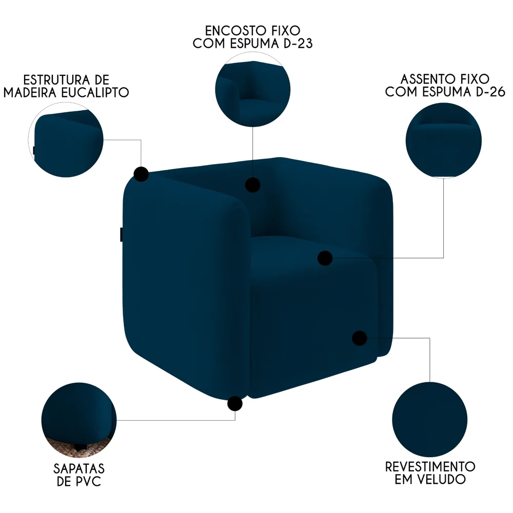 Poltrona para Sala de Estar Decorativa Quadrada Maggie Z08 Veludo Azul Marinho - Mpozenato