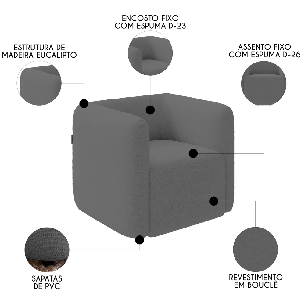 Poltrona para Sala de Estar Decorativa Kit com 2 Maggie Z08 Boucle Cinza - Mpozenato